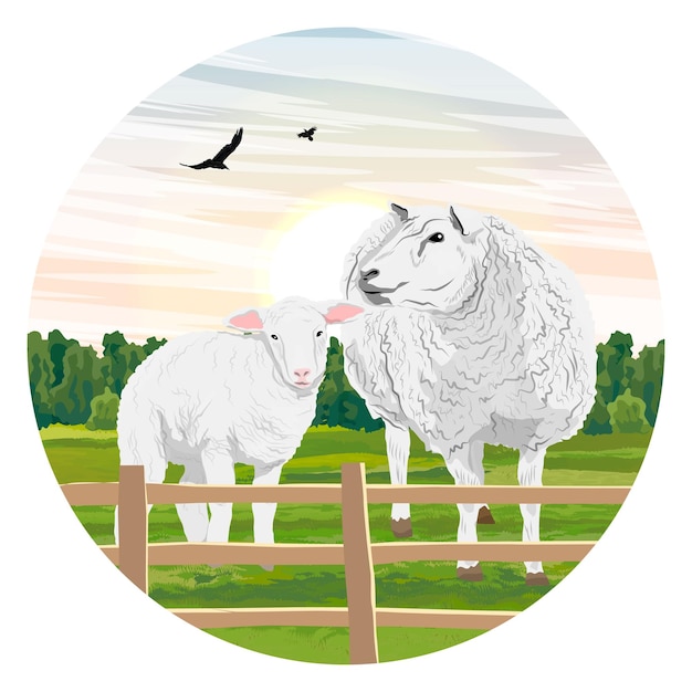 Round composition. White sheep and lamb in the meadow. Farming and farm animals