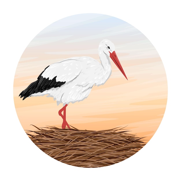 Round composition White stork in the nest against the sunset sky Realistic vector landscape