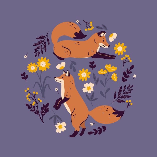 Round composition with foxes and flowers Vector graphics