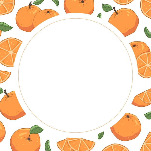 Round cute frame with oranges and leaves Vector illustration template