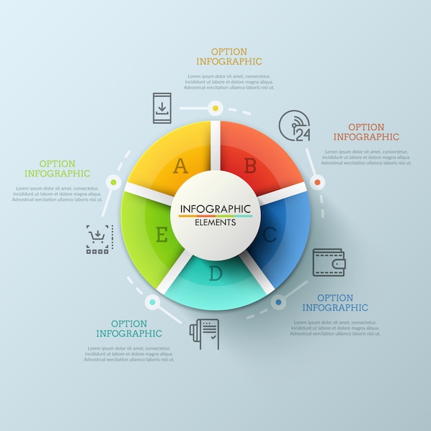 Round diagram divided into 5 multicolored pieces marked with letters. Interface elements of web or mobile application for online shop.