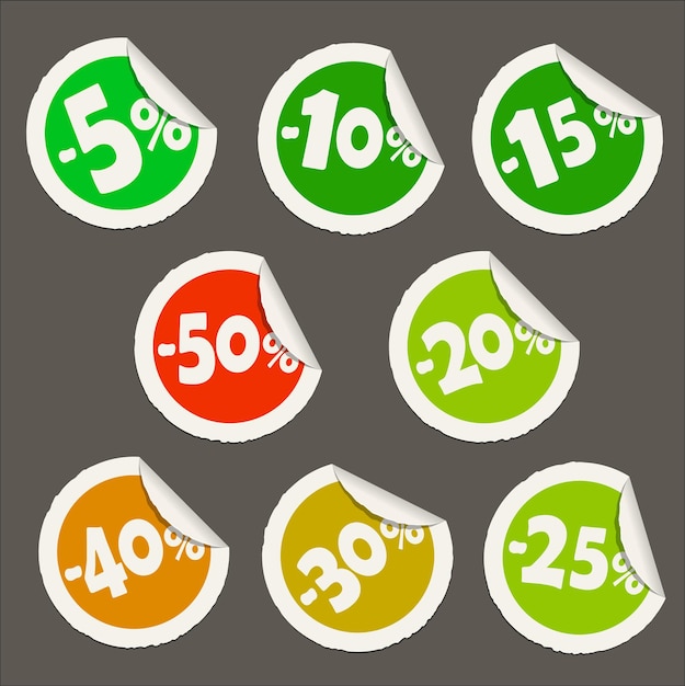 Round discount sticker icons. Realistic paper sticker with curved edge