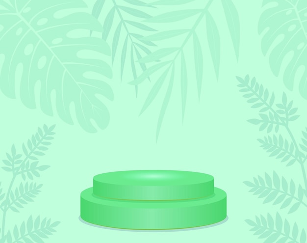 Round display podium mockup green color with plant leaves Nature bio concept