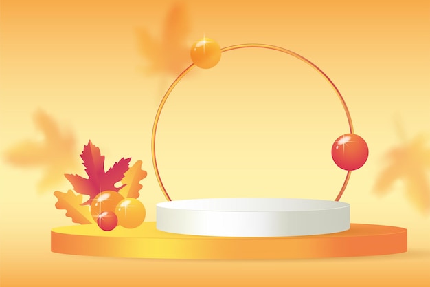 Round display podium mockup with blurred leaves on a background Orange geometric rendering