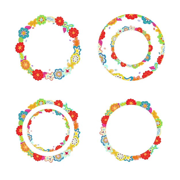 Round doodle frames made of multicolour floral shapes