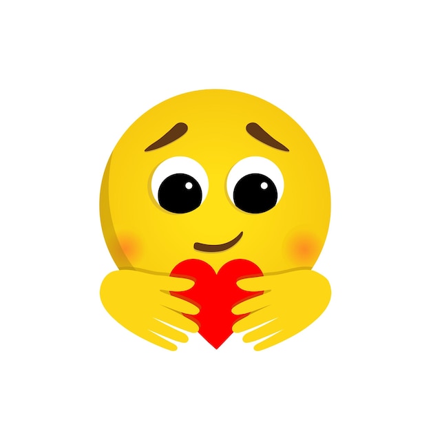 A round emoji holds a heart in its hands Vector character in cartoon style on a white background Cute emoticon