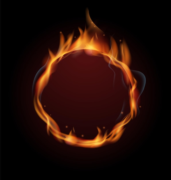 Round fire template Realistic burning circular flame isolated on black background