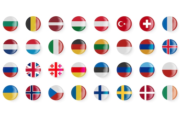 Vector round flags of different countries pin buttons