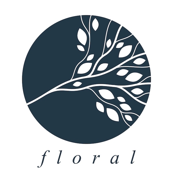 Round floral vintage linear logo design template for boutique or hotel or salon logo isolated on white, beautiful line drawing of leaves composition in a circle, branches growth nature.