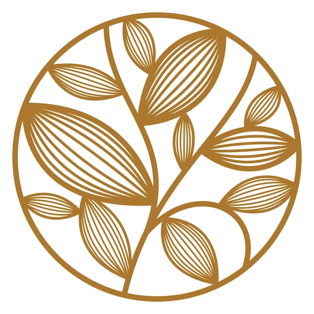 Round floral vintage linear logo design template for boutique or hotel or salon logo isolated on white, beautiful line drawing of leaves composition in a circle, branches growth nature.