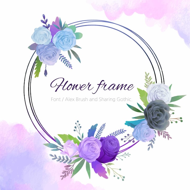 Round frame of blue and purple roses.