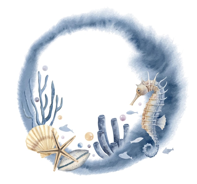 Round Frame of Marine animals and Shells Wreath with Underwater objects on isolated background Hand drawn undersea watercolor illustration with Seashells seahorse and coral reefs for icon or logo