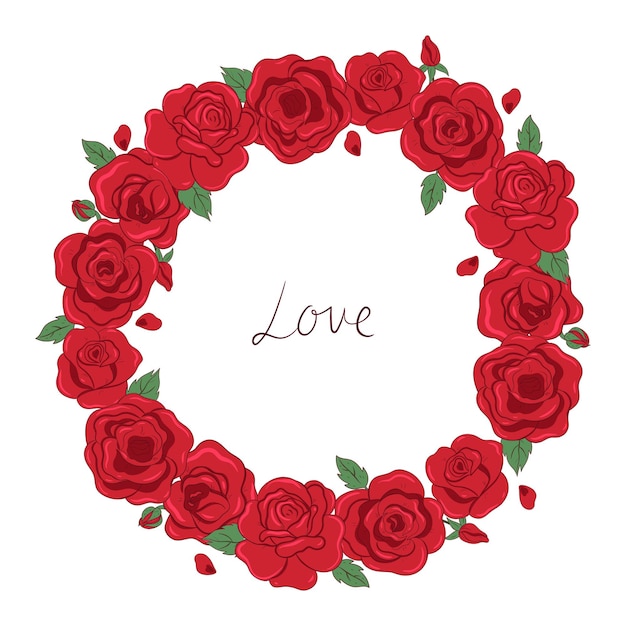 Round frame of red roses isolated on white background Vector graphics