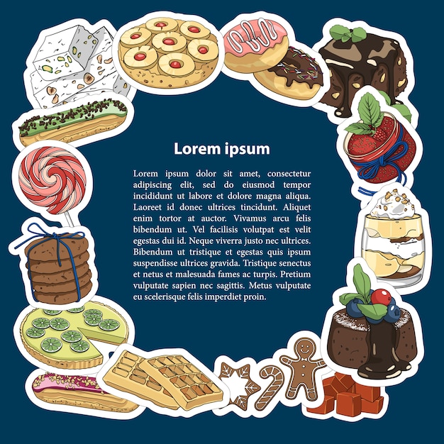 Round frame for text from desserts and sweets. Template for your text.