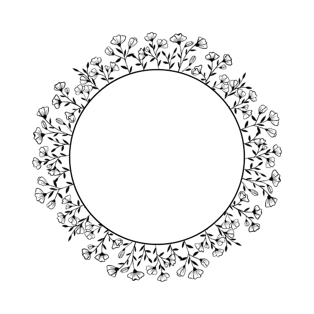 Round frame of wild and garden flowers Plants are hand drawn in black ink on a white background