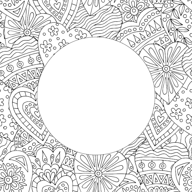 Round frame with abstract pattern of hand-drawn hearts doodles for children and adults coloring books, Valentine's day