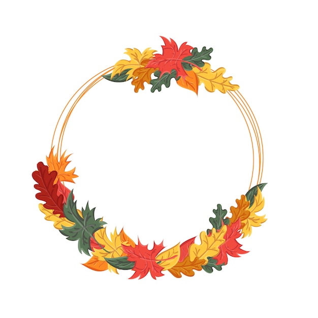 Round frame with autumn leaves. Background with the image of a leaf fall.