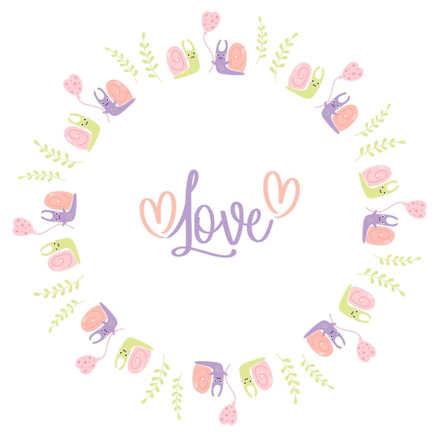 Round frame with cute pair of snails in love and slogan Love Vector Valentine postcard napkin