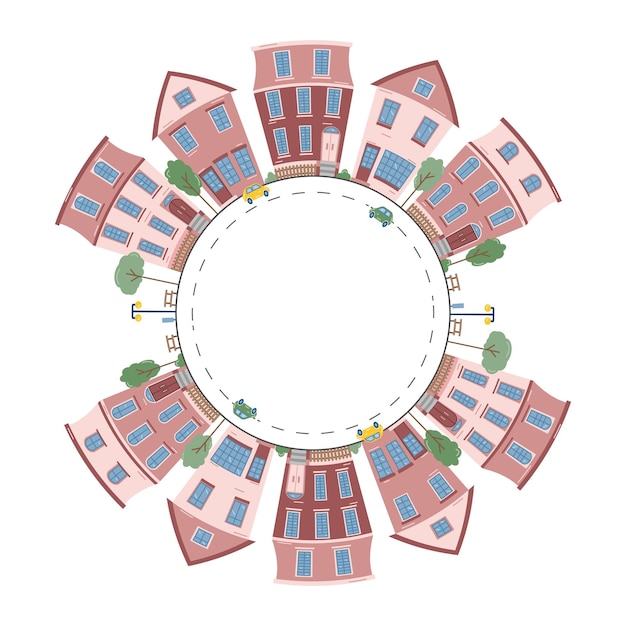 Round frame with a drawing of a city landscape made in the flat style Vector illustration