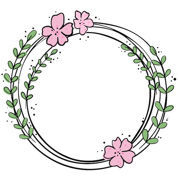 Round frame with flowers and leaves Hand drawn frame with flowers.