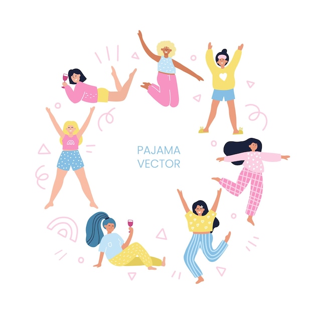 Round frame with girls in pajamas. Hand drawn vector cartoon illustration with the space for text. Sleepover party concept for flyer, card, banner