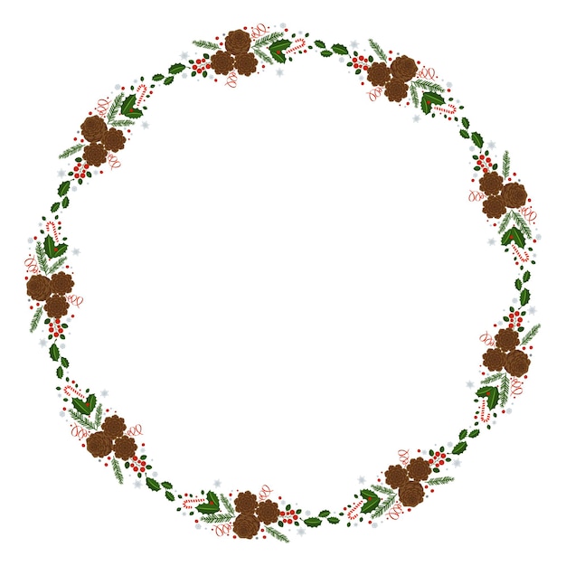 Round frame with Holly berry, pine branch and cone. Decorative frame for traditional wreath on door to Christmas, New year. For greeting card, vignette, banner, email for holiday.