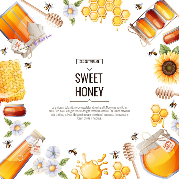 Round frame with honey productsBackground poster banner flyer with jar of honey sunflower