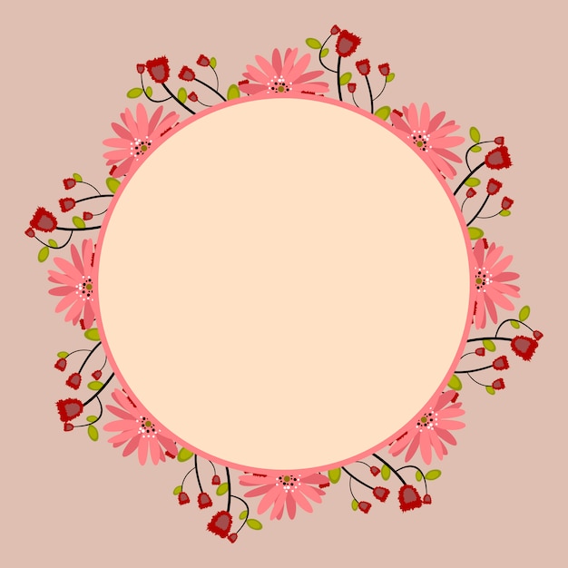 Round frame with pink and red floral bouquet, template for wedding invitation, postcards, logo