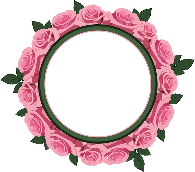 round frame with pink roses and green leaves