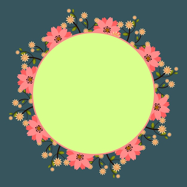 Round frame with pink and yellow floral bouquet, template for wedding invitation, postcards, logo