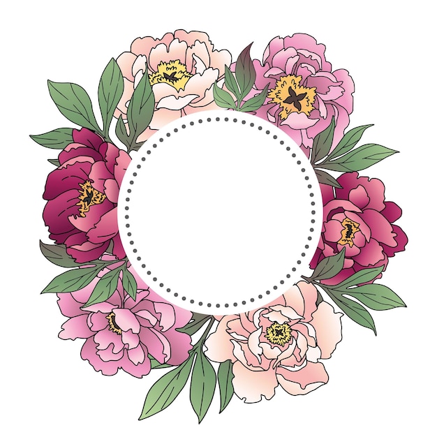 round frame wreath with drawn vector bright peonies and leaves