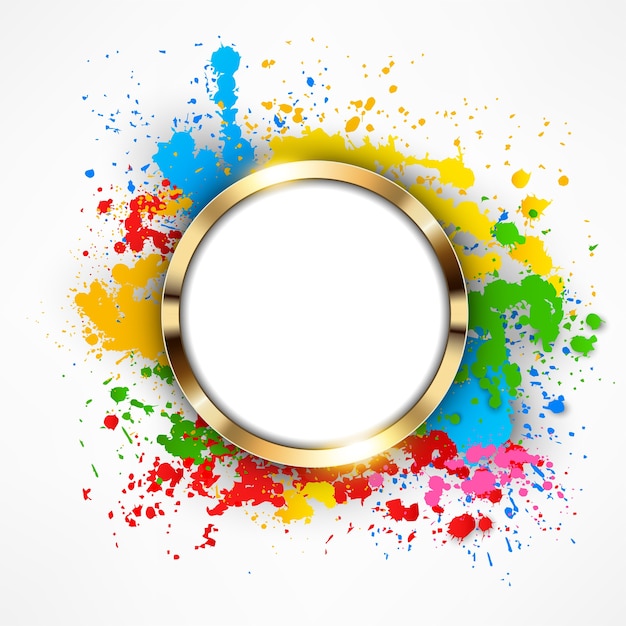 Round gold ring on colorful splashes background