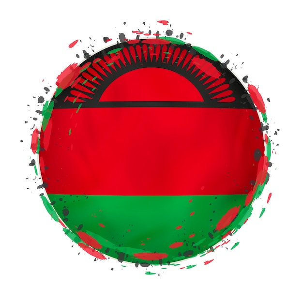 Round grunge flag of Malawi with splashes in flag color Vector illustration