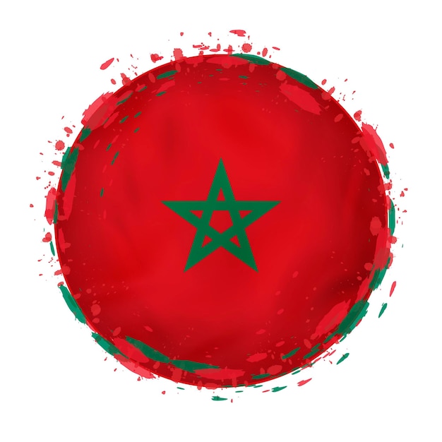 Round grunge flag of Morocco with splashes in flag color Vector illustration