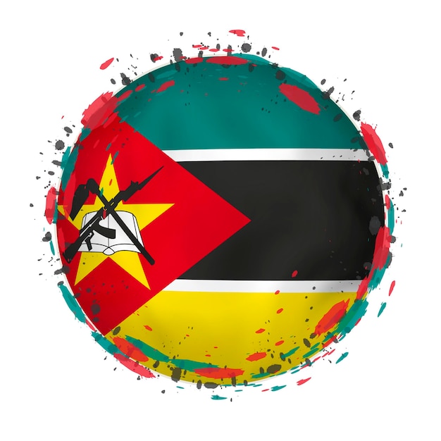 Round grunge flag of Mozambique with splashes in flag color Vector illustration