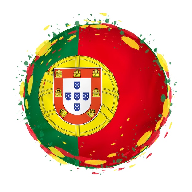 Round grunge flag of Portugal with splashes in flag color. Vector illustration.