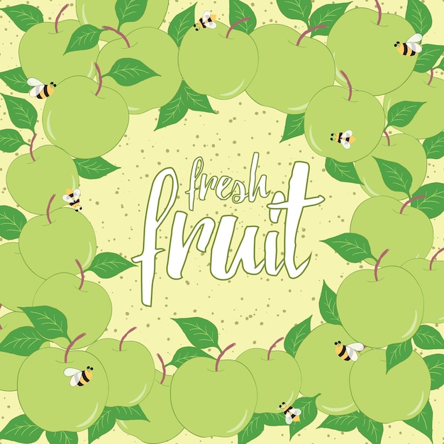 Round hand drawn frame for fresh fruit card Background with green apples Place for text