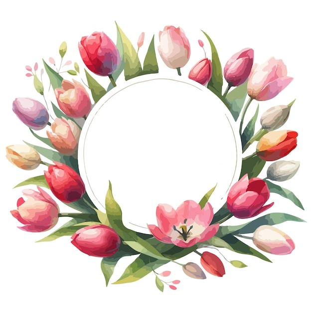 Round label with watercolor Spring tulips for woman day easter 8 march