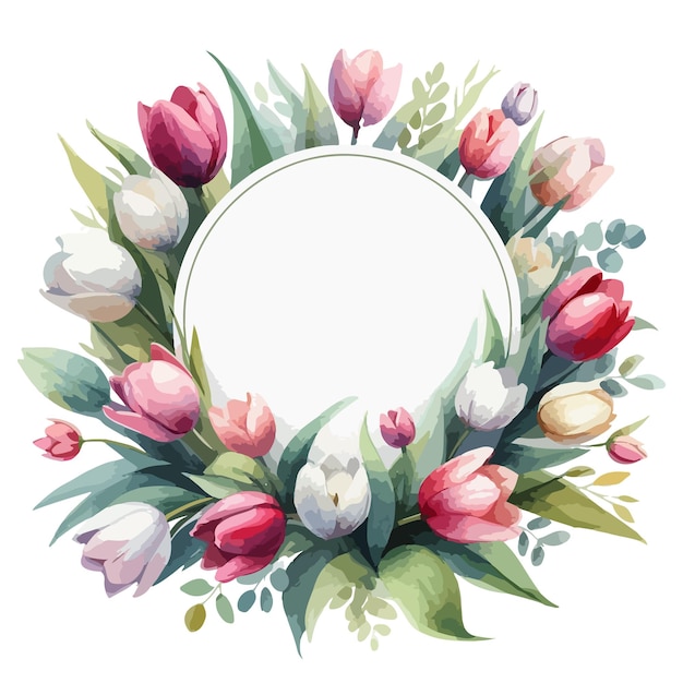 Round label with watercolor Spring tulips for woman day easter 8 march