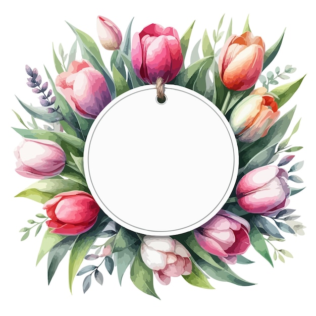 Round label with watercolor Spring tulips for woman day easter 8 march