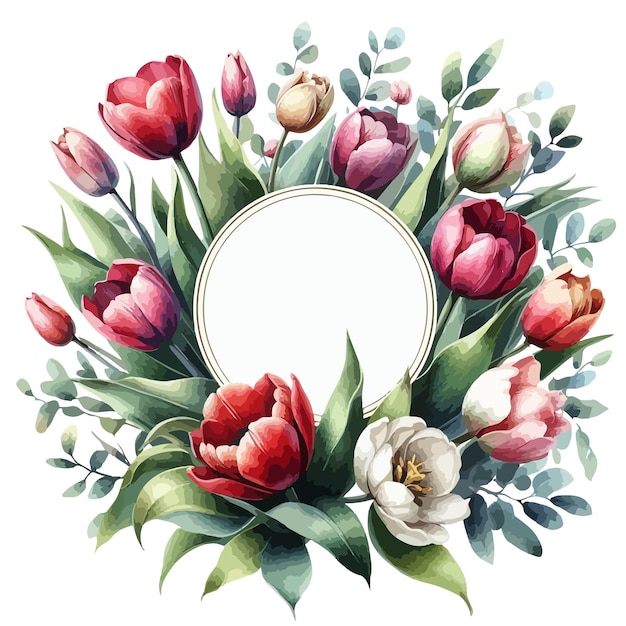 Round label with watercolor Spring tulips for woman day easter 8 march