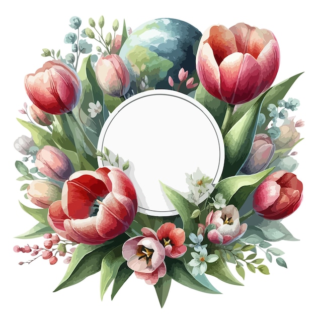 Round label with watercolor Spring tulips for woman day easter 8 march