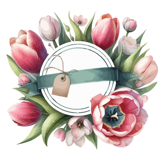 Round label with watercolor Spring tulips for woman day easter 8 march