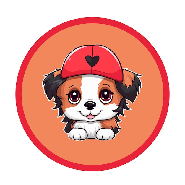 Round orange circle with a puppy wearing a red cap and a red cap.