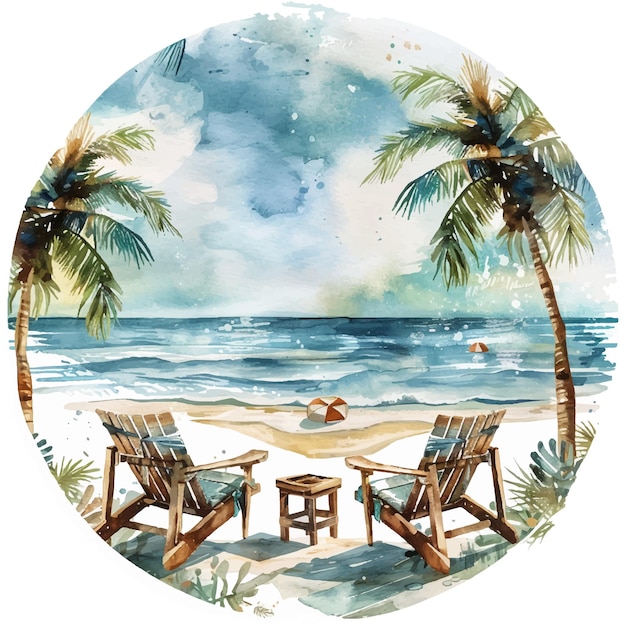 a round picture of a beach scene with palm trees and a beach scene for tshirt design