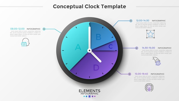 Vector round pie chart or clock face divided into 4 sectors connected by lines to linear symbols and time indication. schedule or timetable visualization. infographic design template. vector illustration.