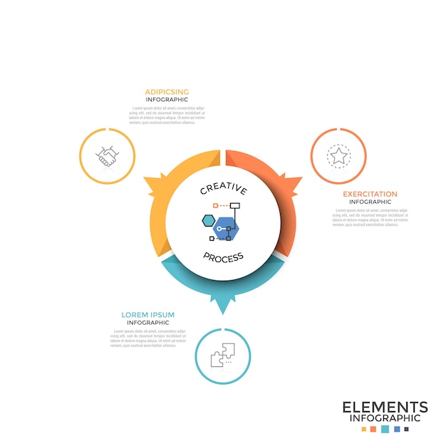 Round pie chart divided into 3 equal colorful parts or sectors with arrows pointing at thin line symbols and text boxes. Creative infographic design template. Vector illustration for presentation.