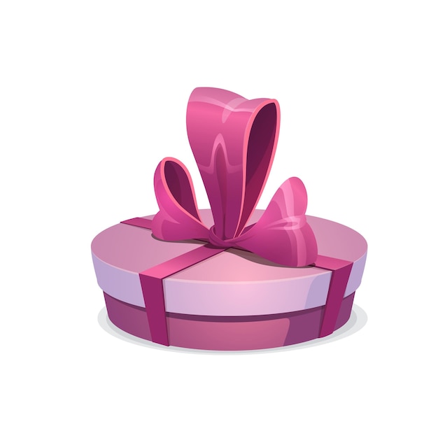 Round pink gift box with bow, vector present wrapped with sumptuous ribbon. Cartoon giftbox for festive event Christmas, Valentine Day, Birthday or New Year celebration isolated on white background