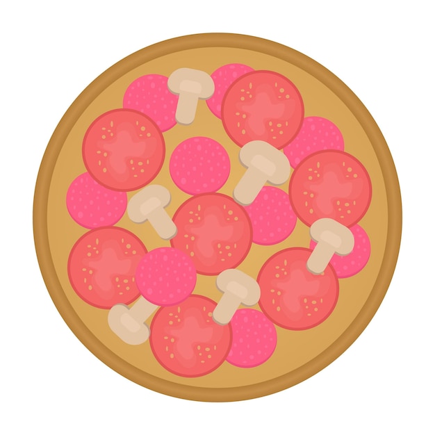 Round pizza with toppings. Salami and mushrooms. Vector illustration