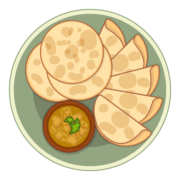 Vector round plate presenting roti canai flatbread served with curry dip